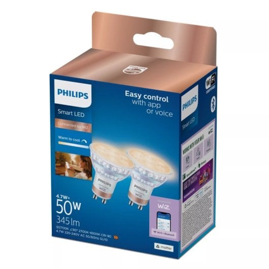 Bombilla inteligente Philips PHI WFB 50W GU10 GLASS 927-65 TW 2PF/6 Wi-Fi/Bluetooth regulable 345lm