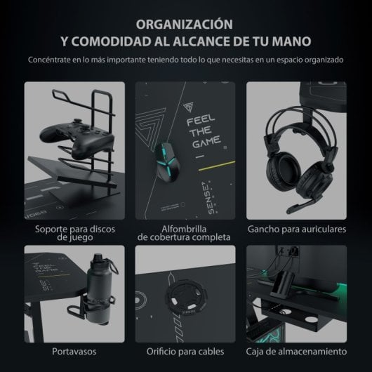 SENSE7 Nomad Cybernetic Mesa Gaming Ergonomicos con Accesorios 120x60 Negra
