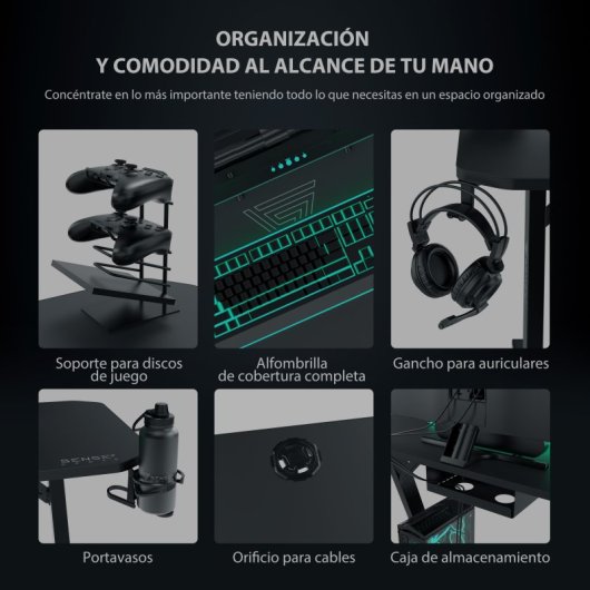 SENSE7 Nomad Classic Mesa Gaming Ergonomicos con Accesorios 120x60 Negra