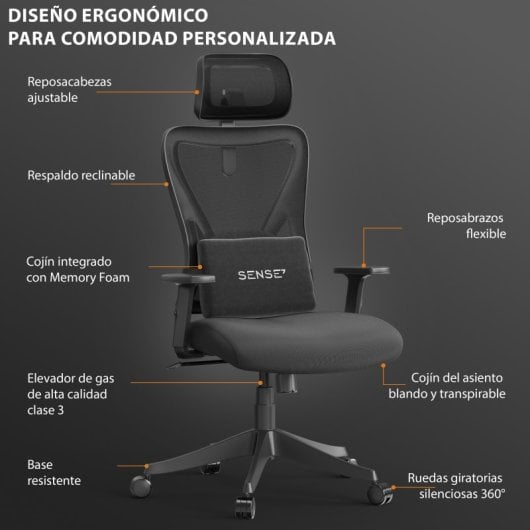 Silla de Oficina Sense7 TONE Ergonómica, Reposacabezas, Respaldo Malla, Hasta 130kg