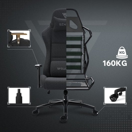 SENSE7 Spellcaster FUKU XL Silla Gaming de Tela Ergonómico Ajustable Soporte Lumbar Negra