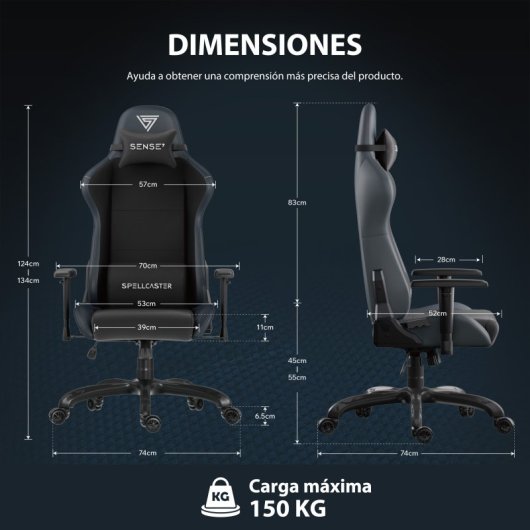 Silla gaming Sense7 Spellcaster FUKU XL respaldo 90-160° cojín lumbar ruedas goma 150kg