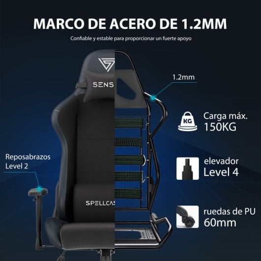 Silla gaming Sense7 Spellcaster FUKU XL respaldo 90-160° cojín lumbar ruedas goma 150kg