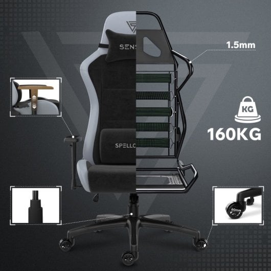 SENSE7 Spellcaster FUKU XL PU Silla Gaming Ergonómico Ajustable Soporte Lumbar Negra/Gris