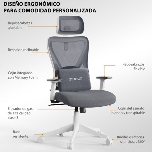 Silla de oficina Sense7 TONE Reposabrazos 4D Respaldo de Malla Ajustable Ergonomía 130kg