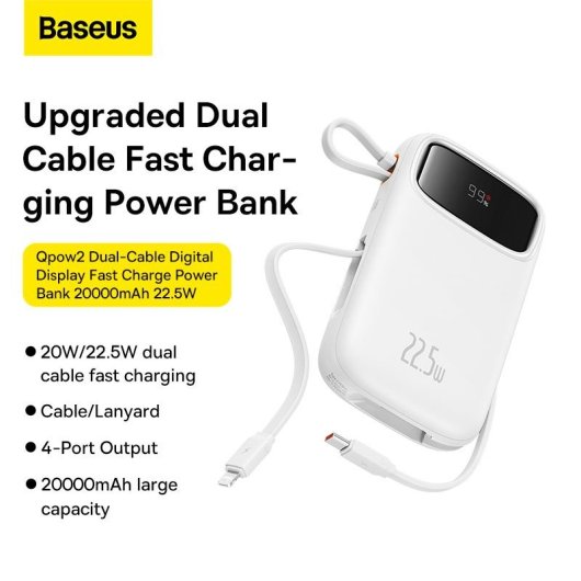 Power Bank Baseus Qpow2 10000mAh 22,5W Dual-Kabel Display Weiß Lithium Polymer