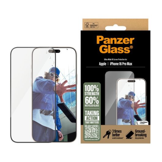 Protector de pantalla PanzerGlass iPhone 16 Pro Max vidrio templado PET silicona anti-huellas