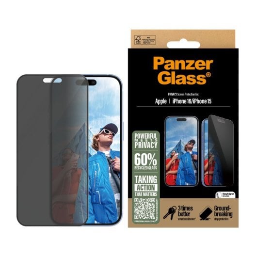 Protector de pantalla PanzerGlass iPhone 16/15 Privacy Ultra-Wide Fit vidrio templado 6.1”