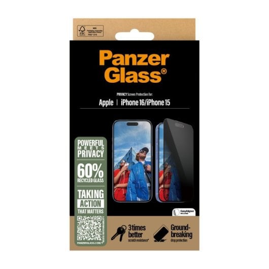 Protector de pantalla PanzerGlass iPhone 16/15 Privacy Ultra-Wide Fit vidrio templado 6.1”
