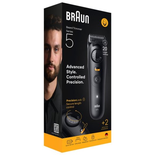 Bartschneider Braun BeardTrimmer 5 BT5500 Kabellos 120min Nass und Trocken 20 Einstellungen 2 Aufsteckkämme Schnellladung