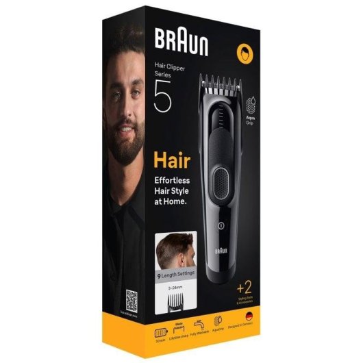 Máquina de Cortar Cabelo Braun HC5510 Sem Fios 9 Comprimentos 50min 2 Pentes À Prova de Água