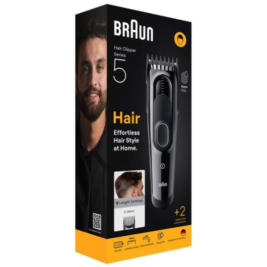 Máquina de Cortar Cabelo Braun HC5510 Sem Fios 9 Comprimentos 50min 2 Pentes À Prova de Água