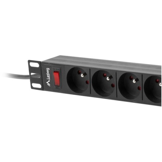 PDU Lanberg PDU-09E-0300-BK 9 salidas Tipo E 1U Horizontal 3m aluminio anodizado con protección y fusible automático
