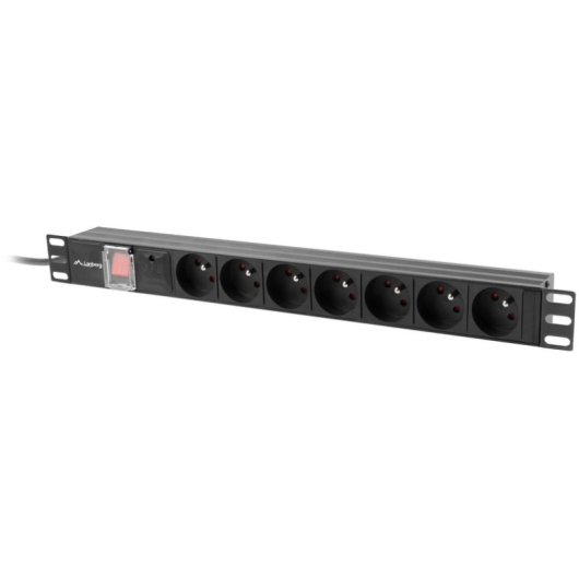 Regleta Lanberg PDU-07E-0200-BK 7 tomas Tipo E 16A 4000W 19" rack aluminio protección sobretensiones
