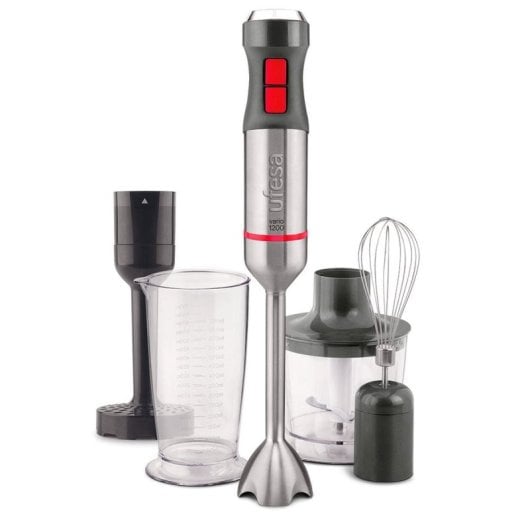 Liquidificador de imersão Ufesa BP4654 1200W com 20 velocidades, 4 lâminas e acessórios pretos e vermelhos