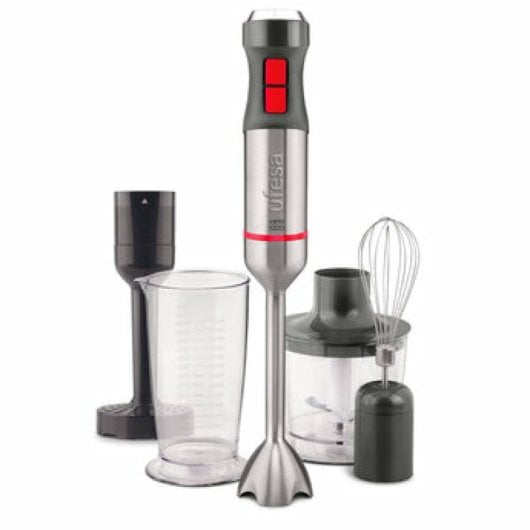 Liquidificador de imersão Ufesa BP4654 1200W com 20 velocidades, 4 lâminas e acessórios pretos e vermelhos