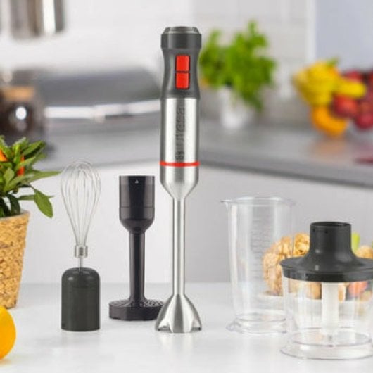 Liquidificador de imersão Ufesa BP4654 1200W com 20 velocidades, 4 lâminas e acessórios pretos e vermelhos