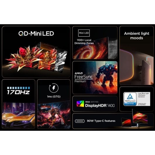 Monitor TCL 34R83Q 34" Ultra WQHD 170Hz Mini-LED QLED Curvo VA KVM USB-C 90W FreeSync G-Sync