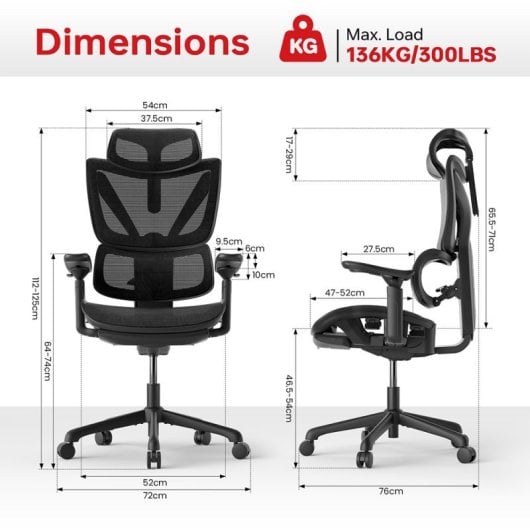 Cadeira ergonómica ACGAM CG-5245M, preta, sensor de peso, apoio lombar 3D/2D, 136 kg
