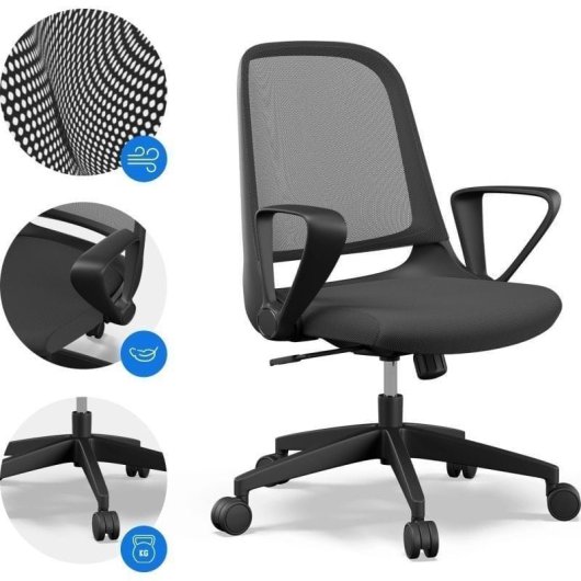 Silla Sense7 Sopty Malla Técnica Negro, Reposabrazos Ajustables y Ruedas 60mm
