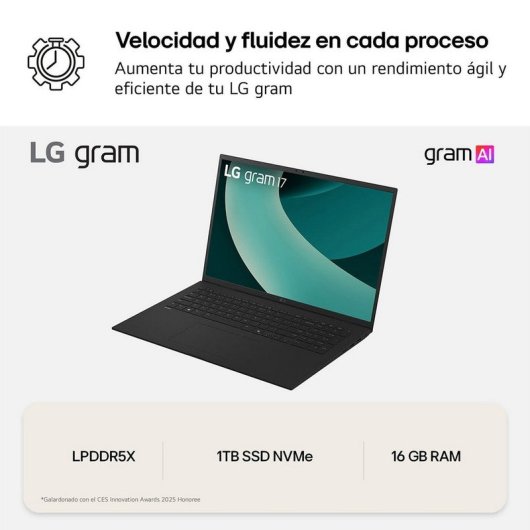 Portátil LG Gram 17ZD90T-G.AX78B 17" Intel Core Ultra 7 16GB 1TB SSD AI Gram MIL-STD-810H