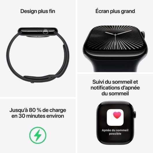 Apple Watch Series 10 GPS NFC 46mm OLED Noir M/L Résistance Eau 50m Pulsomètre SOS