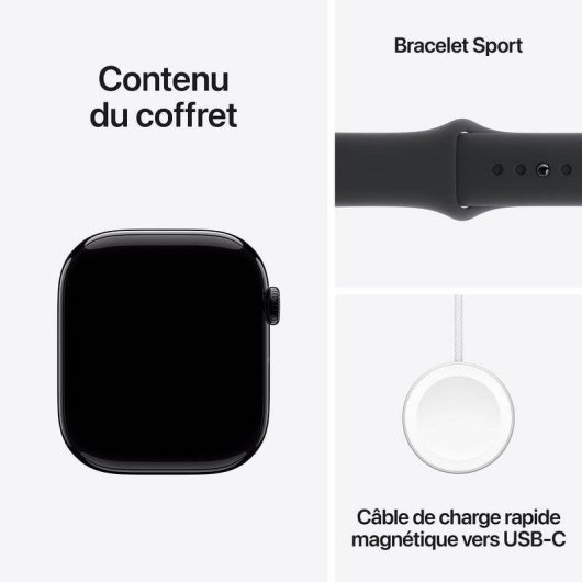 Apple Watch Series 10 GPS NFC 46mm OLED Noir M/L Résistance Eau 50m Pulsomètre SOS