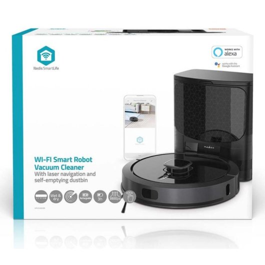 Robot Aspirador y Fregasuelos Nedis WIFIVCL002CBK con Autovaciado Navegación LiDAR 4.000 Pa Control por Voz