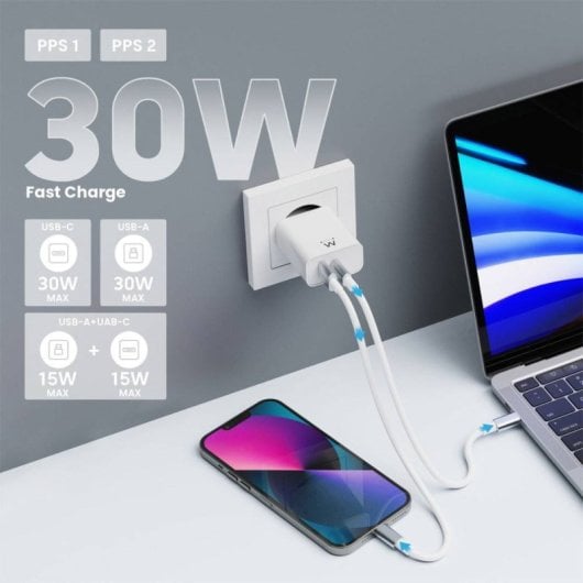 Cargador Ewent EW1325 USB-C/USB-A 30W QC 3.0 Blanc