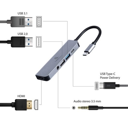 Hub USB Gembird A-CM-COMBO5-02 USB-C 5Gbps HDMI 4K PD 87W Carcasa Metal Plata