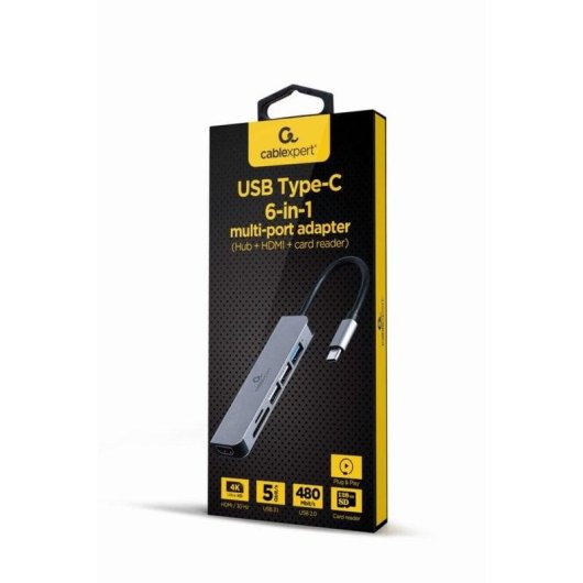 Adaptador Multiportas Gembird A-CM-COMBO6-02 USB-C HDMI 4K SD MicroSD USB 3.1/2.0 Cinzento