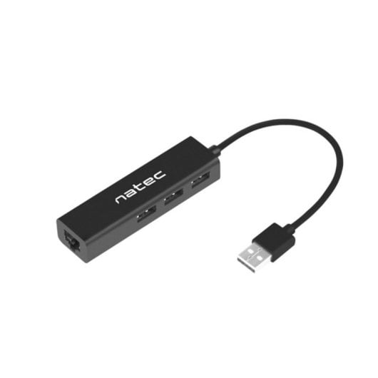 Hub NATEC 3 puertos USB 2.0 + 1 puerto RJ-45 Ethernet modelo Dragonfly compacto negro
