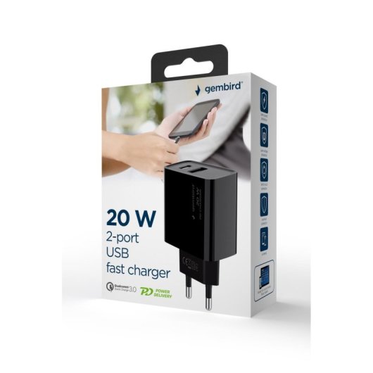 Cargador USB Gembird TA-UC-PDQC20-01-BK 2 Puertos 20W QC 3.0 Power Delivery Negro
