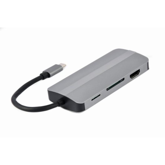Hub Gembird 8 puertos 5 Gbps modelo 8-en-1 con HDMI UHD, LAN y SD 87W Plata