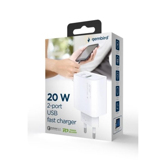 Cargador Rapide Gembird TA-UC-PDQC20-01-W USB 2 Ports 20W Compatible QC 3.0 PD