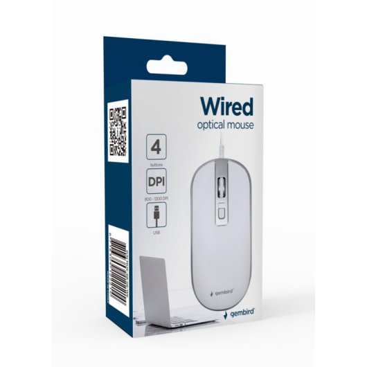 Rato Gembird com fio 1200 DPI Ambidestro 4 Botões Prateado Branco