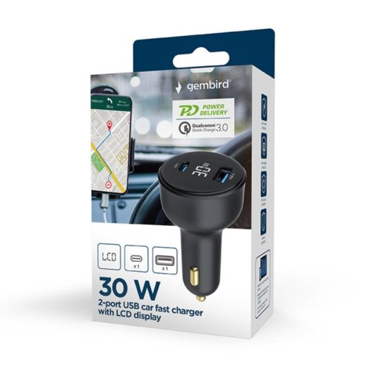 Cargador de coche Gembird TA-UC-AC2PD30LCD-CAR-01 2 puertos USB-C/A 30W PD/QC Pantalla LCD Negro