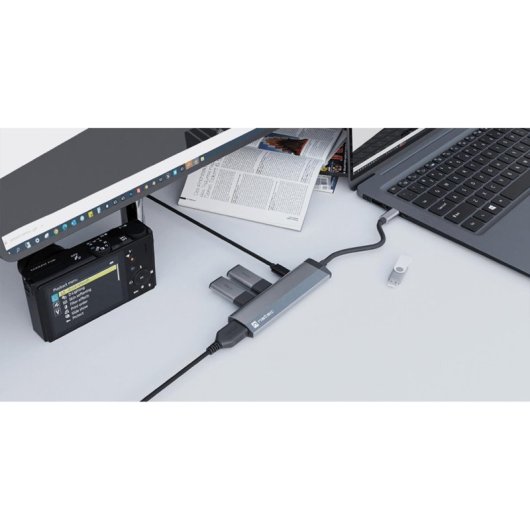 Hub USB NATEC Fowler Slim Tipo-C 5 Gbit/s Preto Cromo ABS Alumínio