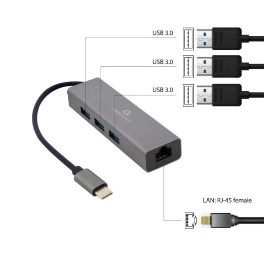 Adaptador de Rede Gigabit USB Tipo C Gembird A-CMU3-LAN-01 Metal 3 Portas USB 3.0
