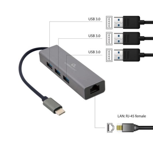 Station d'accueil Gembird A-CMU3-LAN-01 USB-C Gigabit 3xUSB 3.0 Métal Gris
