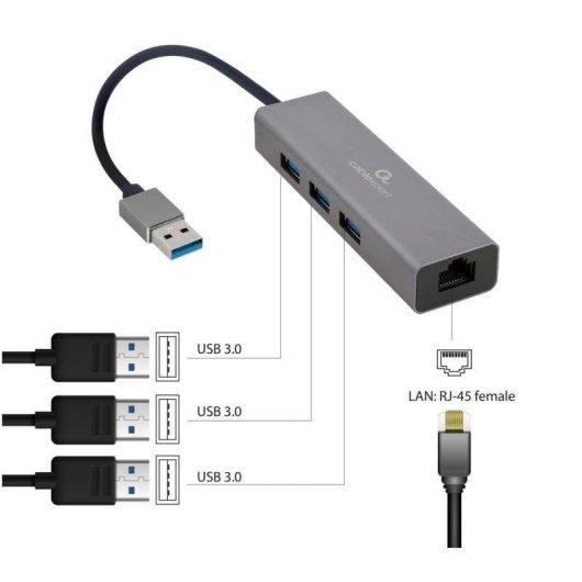 Adattatore di Rete USB-A Gembird A-AMU3-LAN-01 Gigabit 3 Porte USB 3.0 Carcassa Metallica