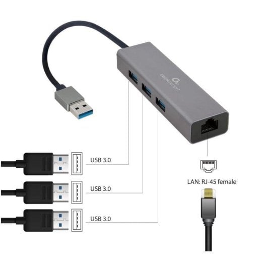 Adaptador USB Gembird A-AMU3-LAN-01 com Gigabit e 3 Portas USB 3.0