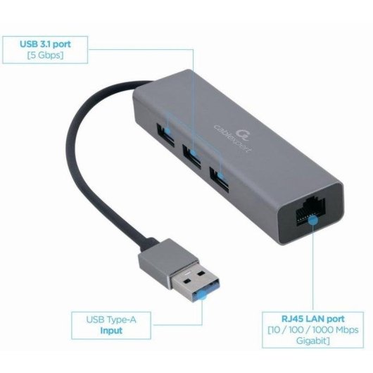 Adattatore di Rete USB-A Gembird A-AMU3-LAN-01 Gigabit 3 Porte USB 3.0 Carcassa Metallica
