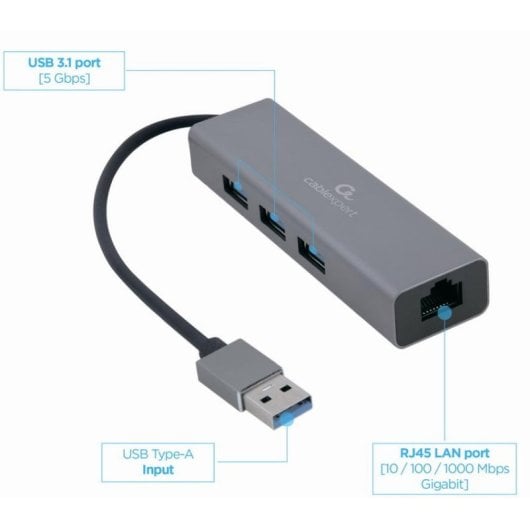 Adaptador USB Gembird A-AMU3-LAN-01 com Gigabit e 3 Portas USB 3.0