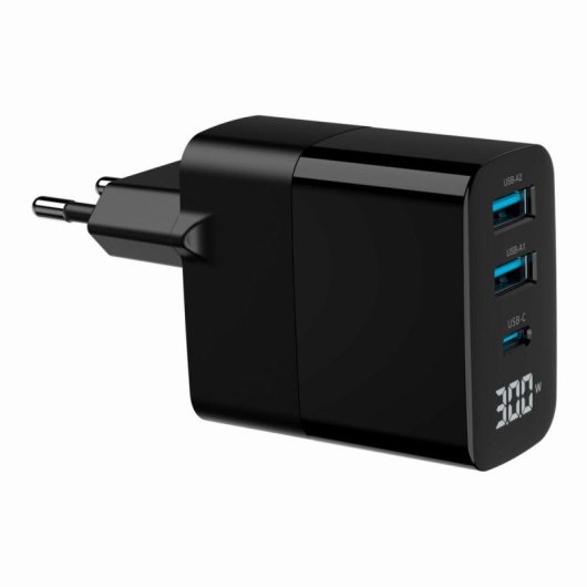 Cargador Gembird TA-UC-PDQC30LCD-BK-02 GaN 30W USB 3 Puertos LCD Negro