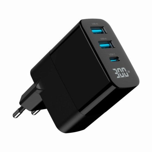 Cargador Gembird TA-UC-PDQC30LCD-BK-02 GaN 30W USB 3 Puertos LCD Negro