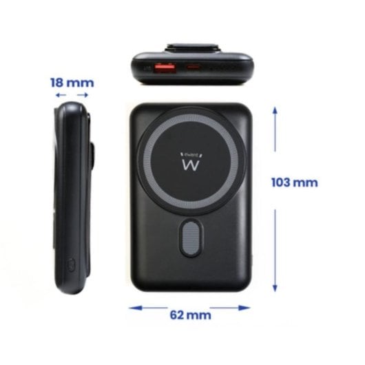 Power Bank Ewent MagSafe 10000mAh PD 22.5W Polímero de Litio Carga Inalámbrica Negra