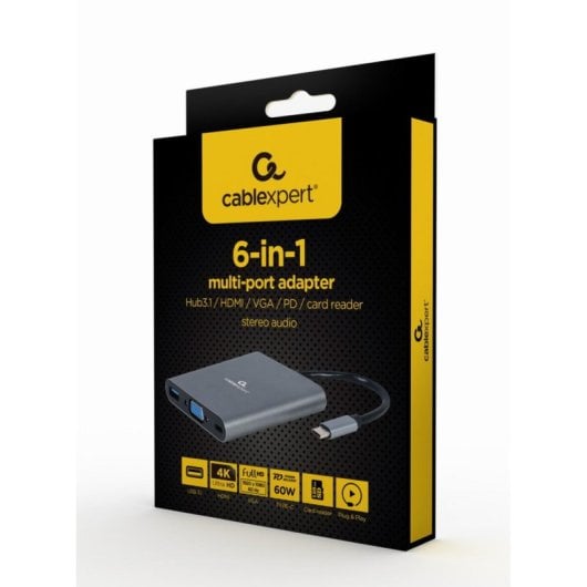 Dock USB-C Gembird A-CM-COMBO6-01 Gris Metal 60W HDMI 4K SD VGA Audio USB-A