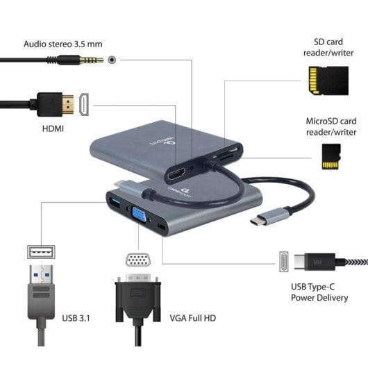 Dock USB-C Gembird A-CM-COMBO6-01 Gris Metal 60W HDMI 4K SD VGA Audio USB-A