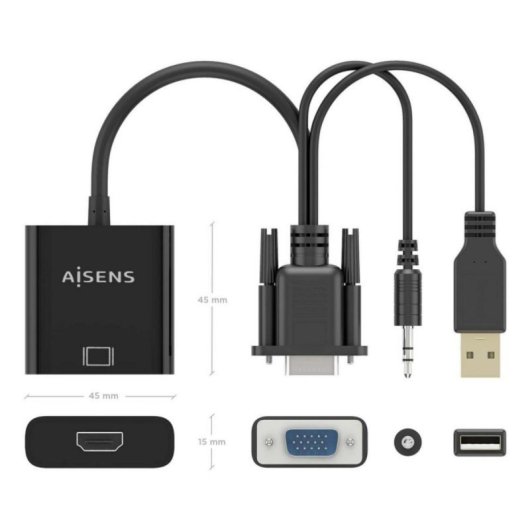 Câble Convertisseur AISENS A115-0872 SVGA Macho Audio USB Macho HDMI Hembra 20cm Noir